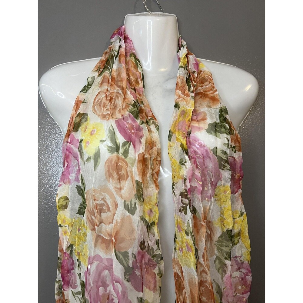 A. Brod Fashion Scarf Womens One Size Floral Sheer Crinkle Gold Metallic